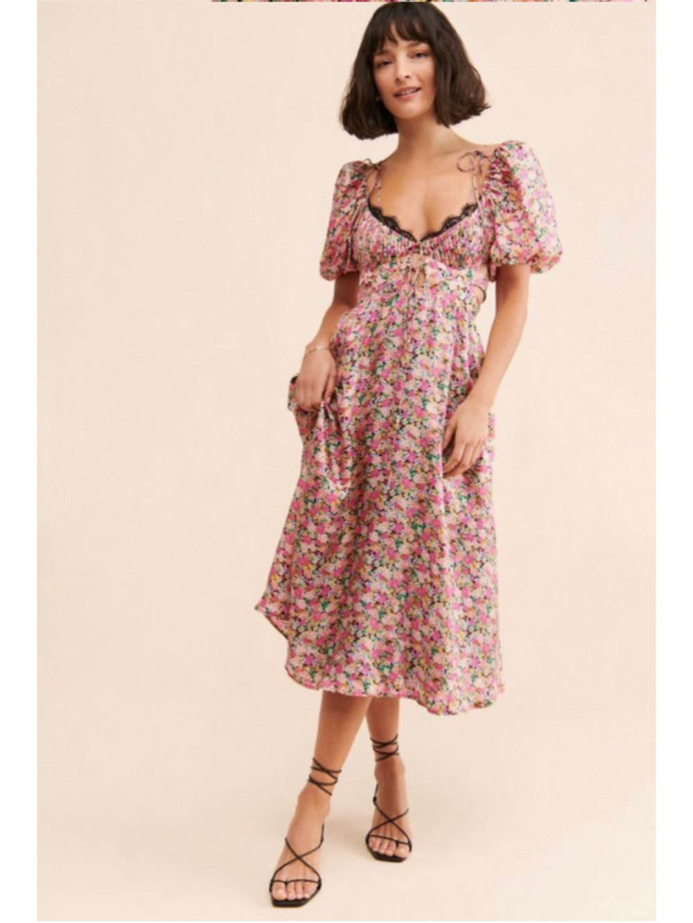 Women's For Love & Lemons Floral Midi Isadora Dress Pink Black